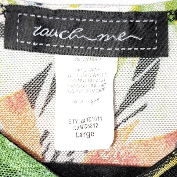 Touch Me sheer Multicolor Leaf pattern 1/2 Sleeve Ruched  Puff sleeve V-Neck LG - Picture 9 of 11